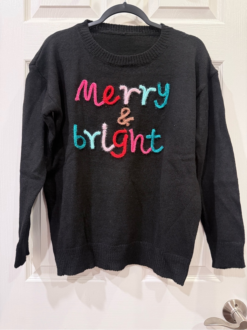 Women's Black 'Merry & Bright' Embroidered Holiday Crewneck Sweater
